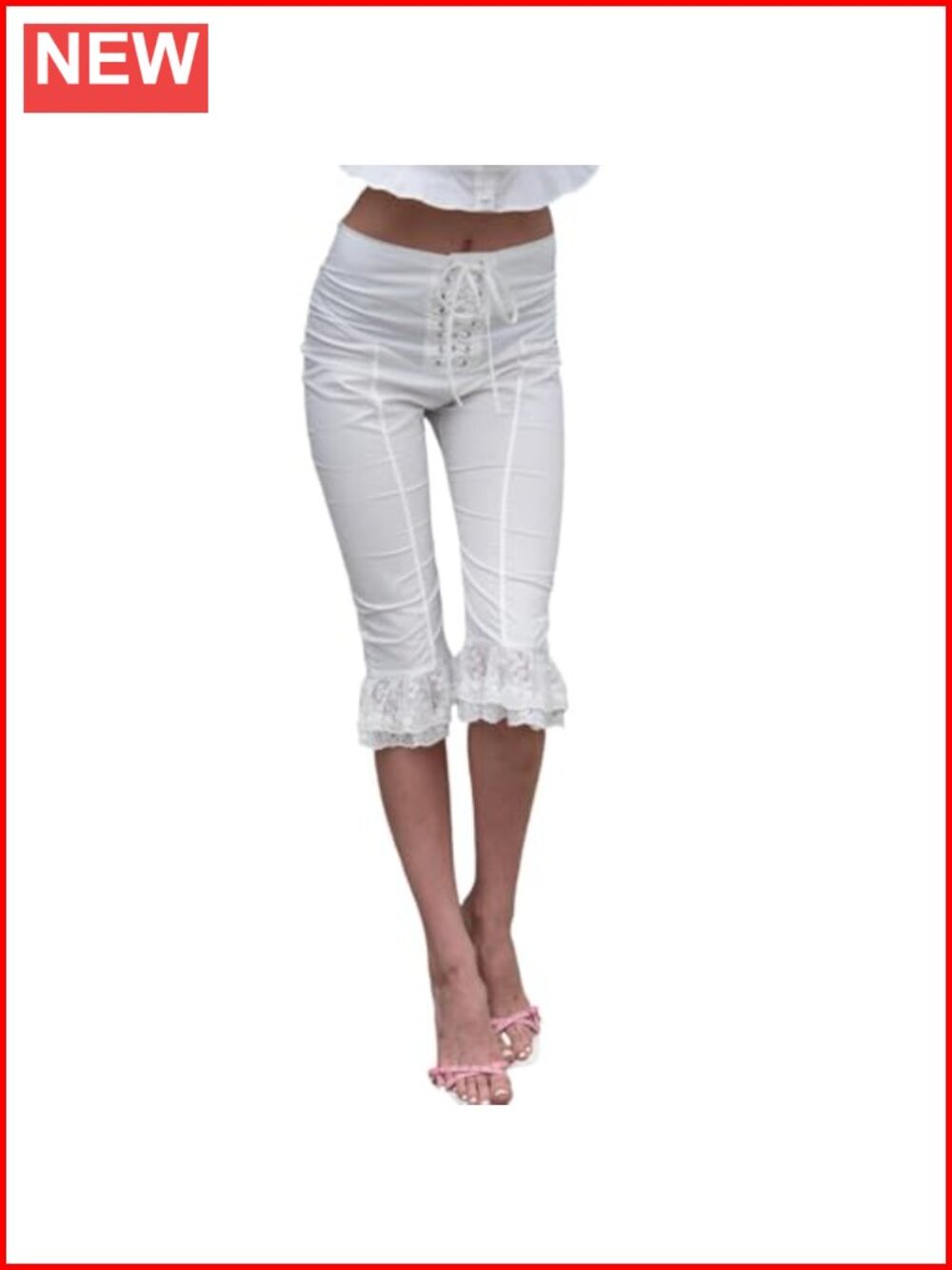 Lace Trim Capri Leggings for Women Striped Elastic Waist Ruffle Hem Slim Fit